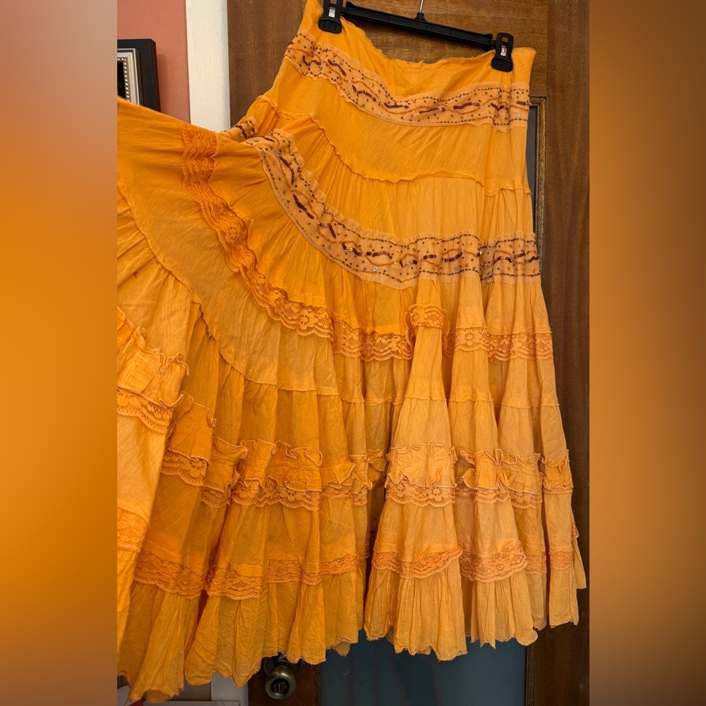 Angel Nina Vtg Bright Orange Embellished Layered Ruffle Midi Skirt- France - Picture 4 of 11